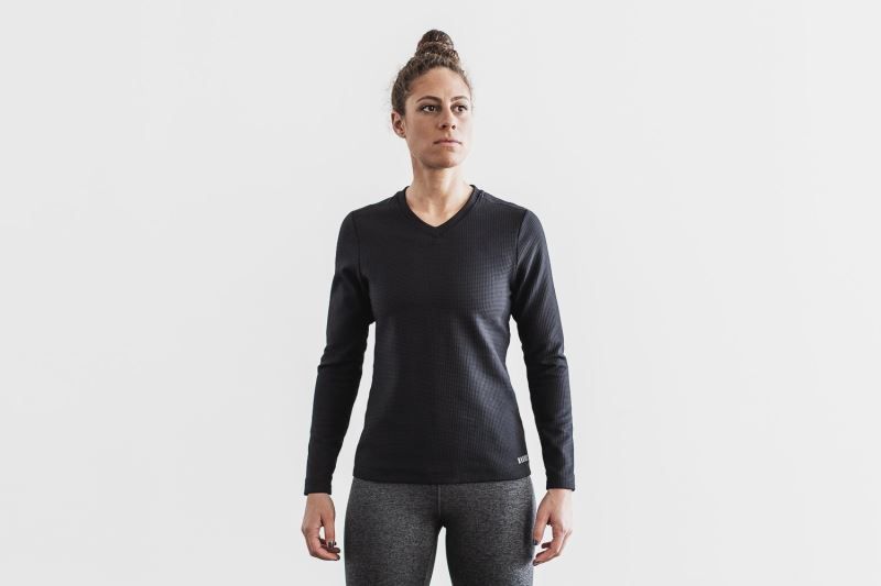 Black Nobull V-Neck Long Sleeve Waffle | 29573-QBJS