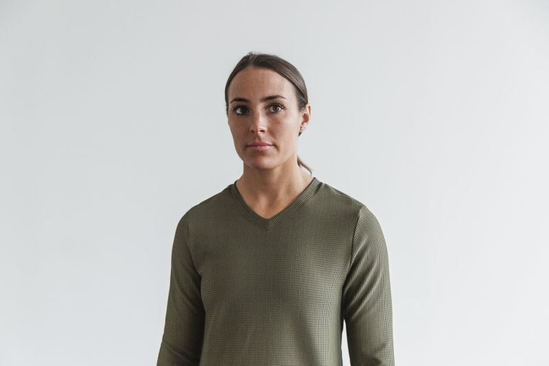 Green Nobull V-Neck Long Sleeve Waffle | 23876-WHAR