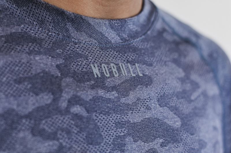 Navy Nobull Lightweight Textured Long Sleeve Camo | 65348-AQJD